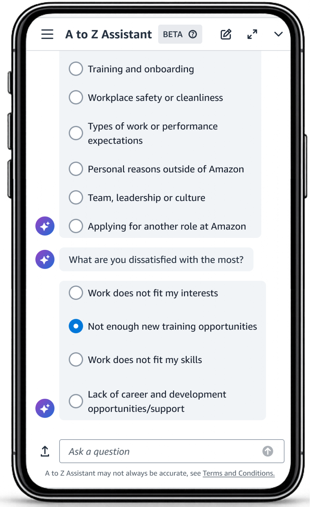 A to Z Assistant showing conditional follow-up questions about what the employee is most dissatisfied with, with Not enough new training opportunities selected