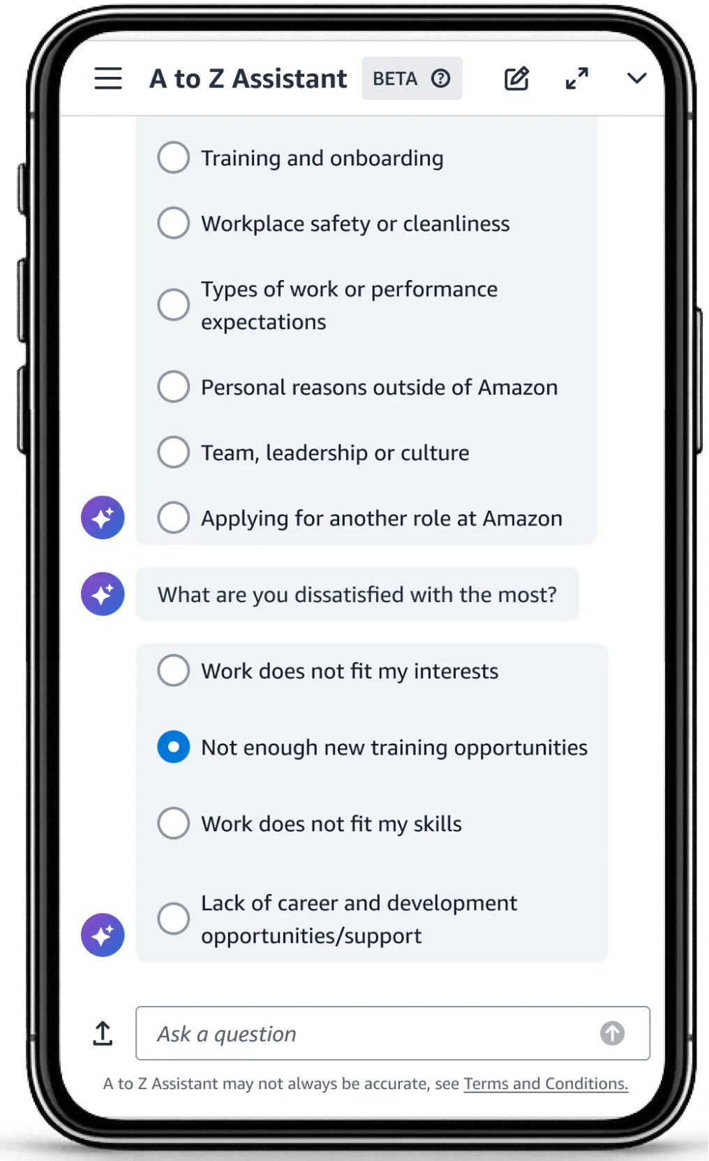 A to Z Assistant showing conditional follow-up questions about what the employee is most dissatisfied with, with Not enough new training opportunities selected