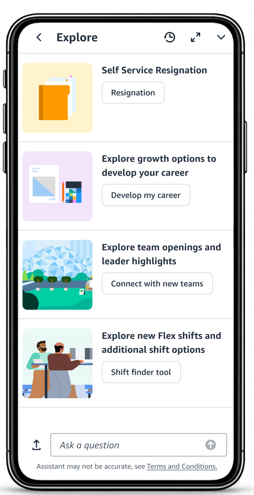 Self-Service Resignation explore hub showing alternative pathways for employees