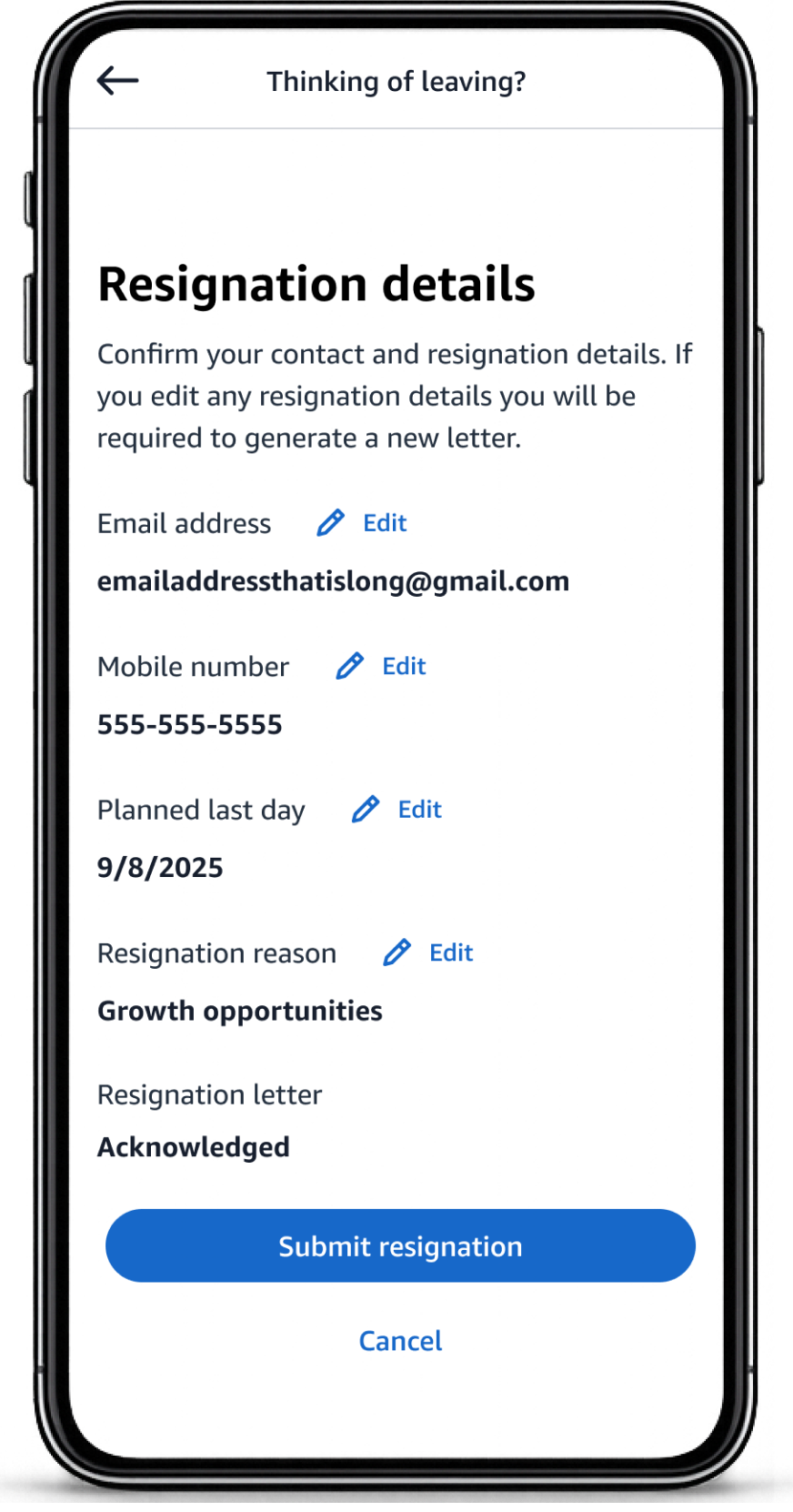 Step 6 of 6: Resignation details summary showing email, mobile number, planned last day, and resignation reason, all with inline Edit affordances before the Submit resignation button