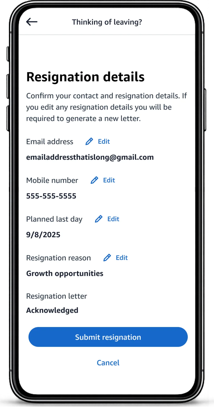 Step 6 of 6: Resignation details summary showing email, mobile number, planned last day, and resignation reason, all with inline Edit affordances before the Submit resignation button