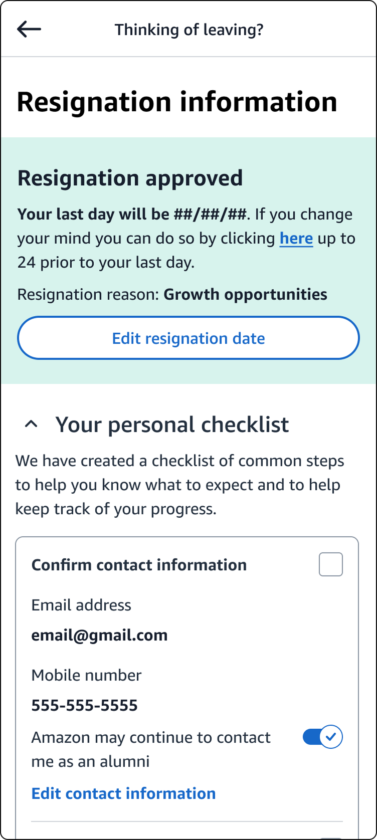 Post-submission Resignation Information page showing resignation approved, the employee's last day, and a personal checklist of next steps