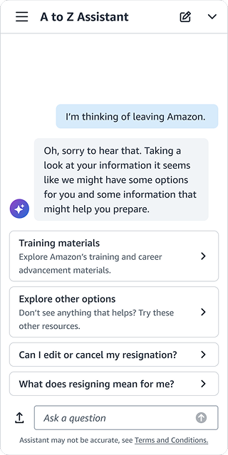 A to Z Assistant conversation: employee says 'I'm thinking of leaving Amazon' and the assistant responds with empathy and surfaces training materials and alternative options