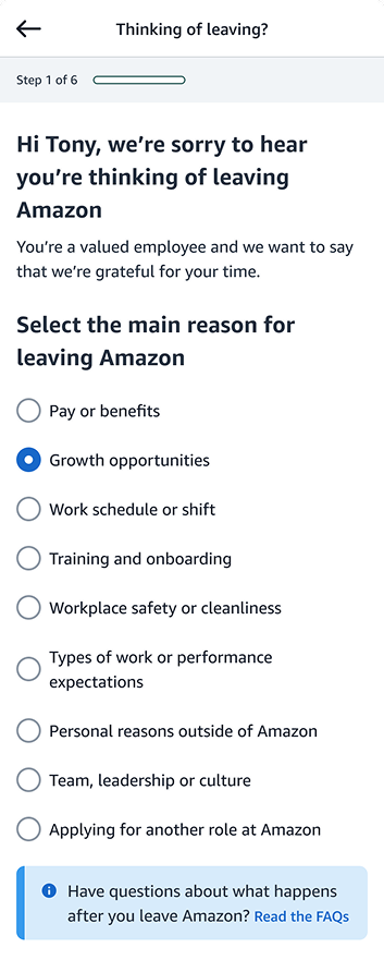 Opening screen: Hi Tony, we're sorry to hear you're thinking of leaving Amazon, with a list of resignation reasons
