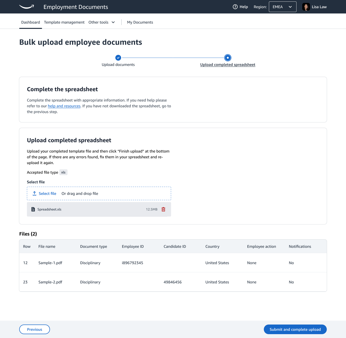 Bulk upload screen with instructions to fix errors in the spreadsheet and re-upload it