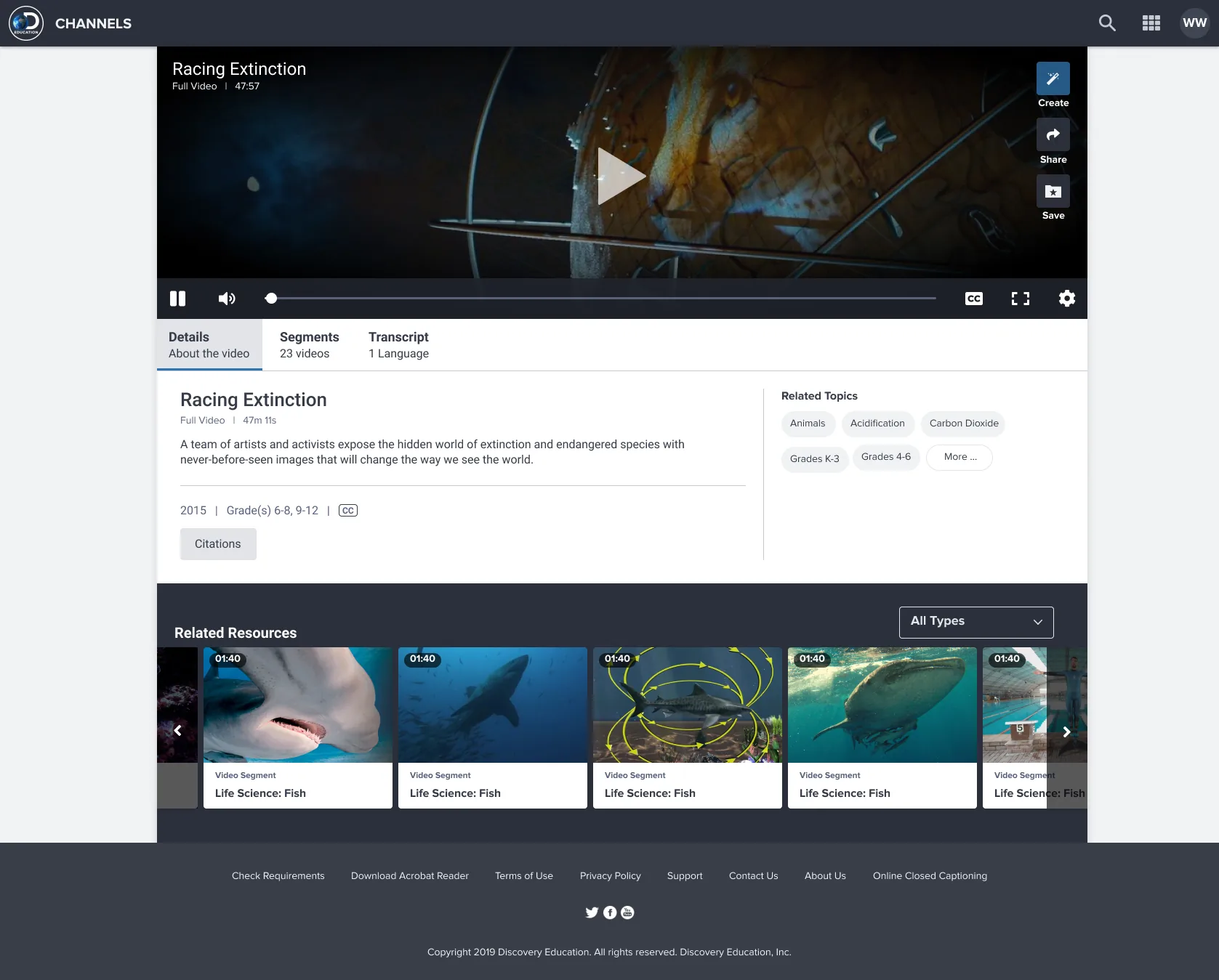 Redesigned Player showing related content and classroom integration features